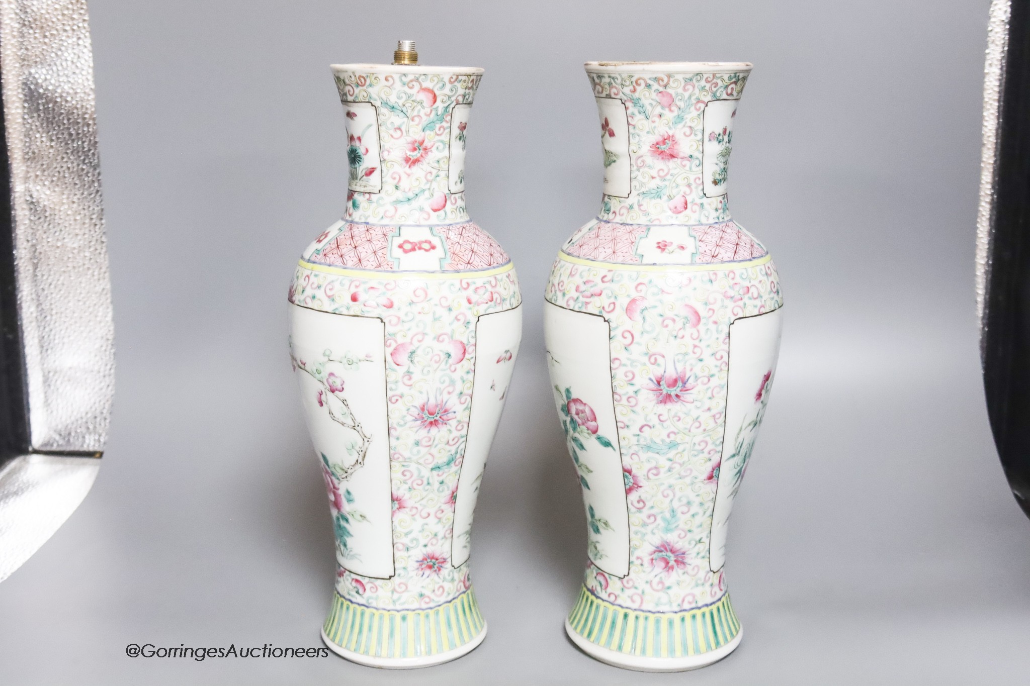 A pair of 19th century Chinese famille rose vases- ex lamp bases, height 31.5cm